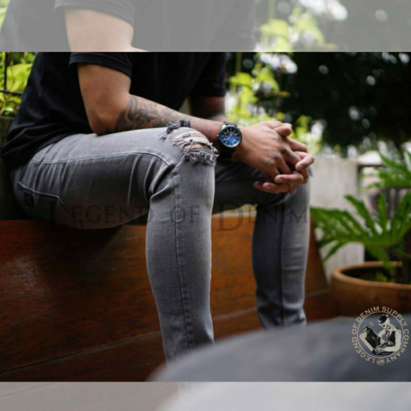 [COD] Celana jeans sobek lutut pria ripped jeans softjeans hitam murah melar