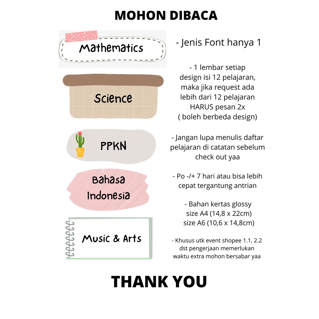 PO Custom Sticker Mata Pelajaran / Stiker Nama / Sticker Sekolah Stiker Mata Kuliah Sticker Aesthetic Murah