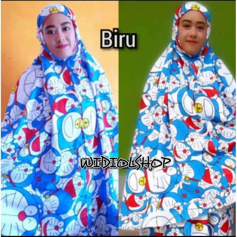 Jual Mukena Dewasa/Mukena Karakter Bahan Katun motif Doraemon Happy Biru
