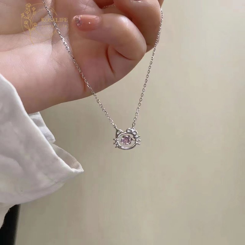 Roselife Kalung Rantai Silver Liontin Hati / Kucing Hias Kristal Pink Gaya Korea Untuk Wanita