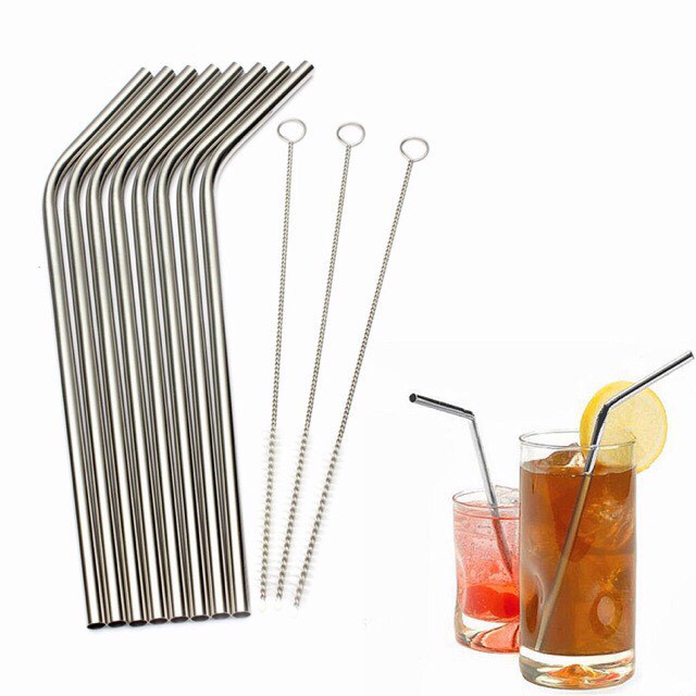 peralatan minum - set 8pcs sedotan stainless + 3pcs sikat sedotan / stainless straw brush