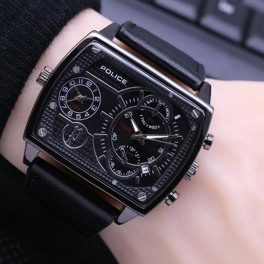 Lagi Tren.. Jam Tangan Pria Police Tali Kulit  Double Time Body Segi Chrono Variasi Tanggal Aktif