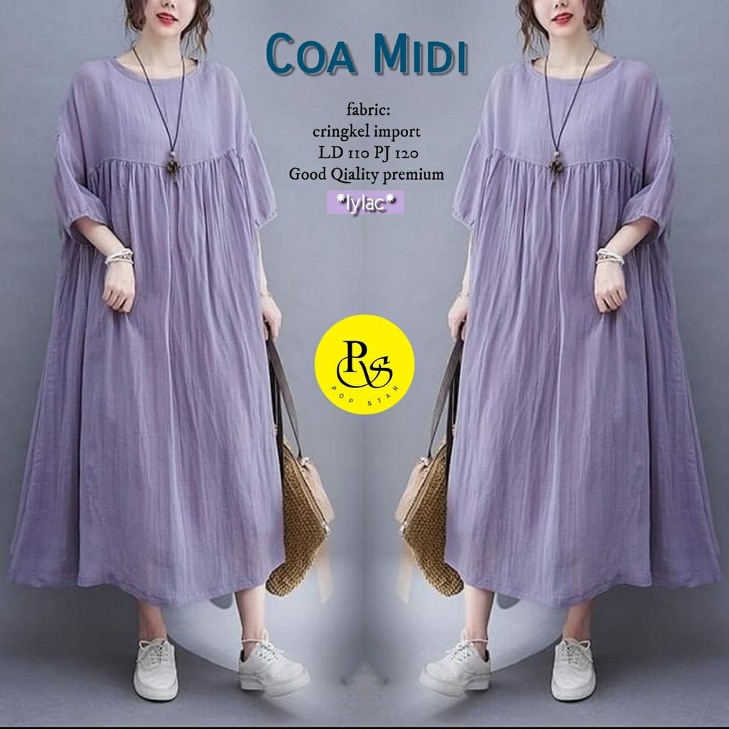 Terbaru Dress Cringkle Import Dress Midi Pakaian Wanita Termurah ( Lilac,Mustard,Choco,White,Black )