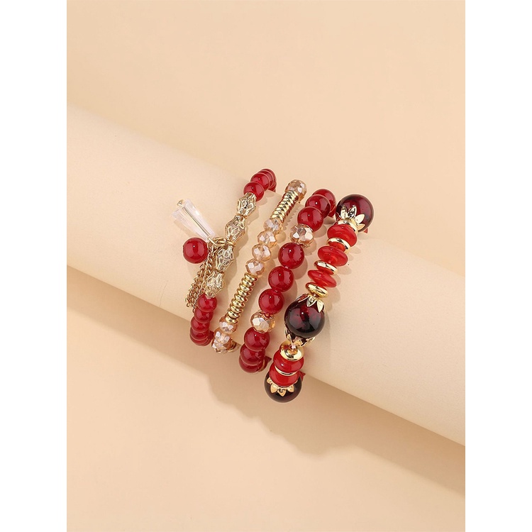 Gelang Tangan Wanita Manik Batu Agate Imitasi Multi Layer Rumbai Kristal Mutiara Gaya Bohemia