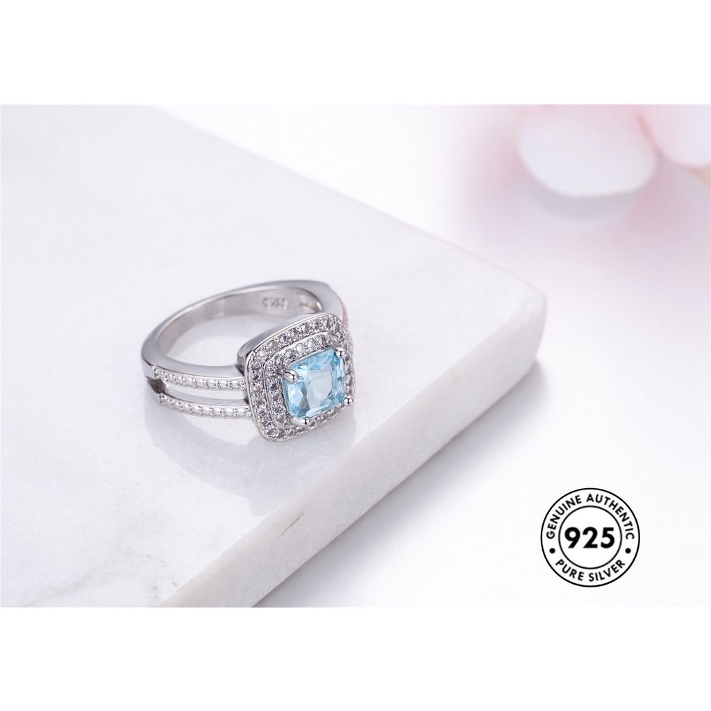 Cincin Sterling Silver 925 Dengan Batu Permata Biru Laut Elegan Untuk Wanita