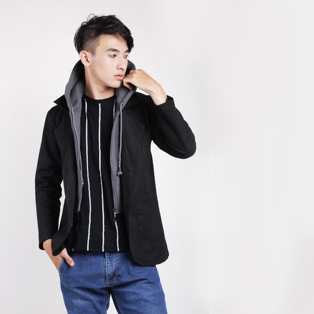 BLAZER PRIA HOODIE DRILL HITAM - Jaket Hoodie Casual Cowok Semi Blazer Harian Kuliah Hangout