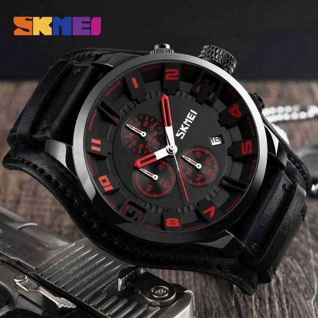 Jam Tangan Pria / Analog Date / SKMEI 9165 Leather Chrono aktif / Jam Analog Date SKMEI Original