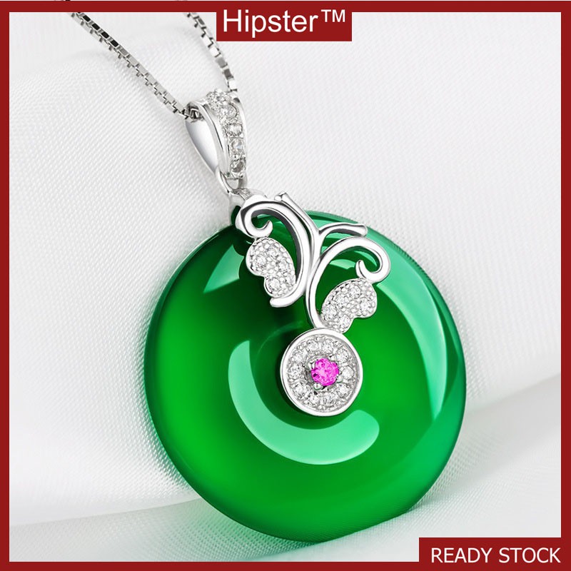 Retro Classic Inlaid Color Diamond Natural Hotian Jade Pendant Necklace