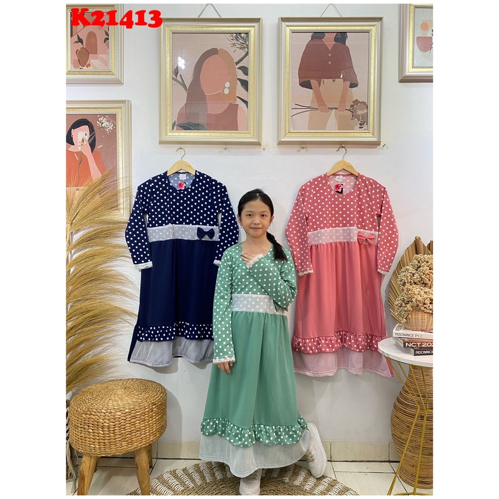 Gamis anak perempuan polkadot model pita (usia 8 - 10th) bahan voxy premium merk latin