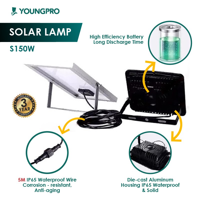 Youngpro S150D - Lampu LED Sorot Dinding Taman Hemat Energi Panel Solar 150 Watt Garansi 3 Tahun