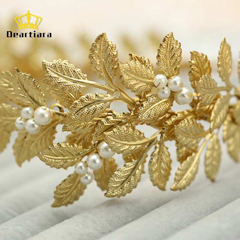 Tiara /Daun Bahan Metal Warna Emas Hias Mutiara Imitasi untuk Wanita