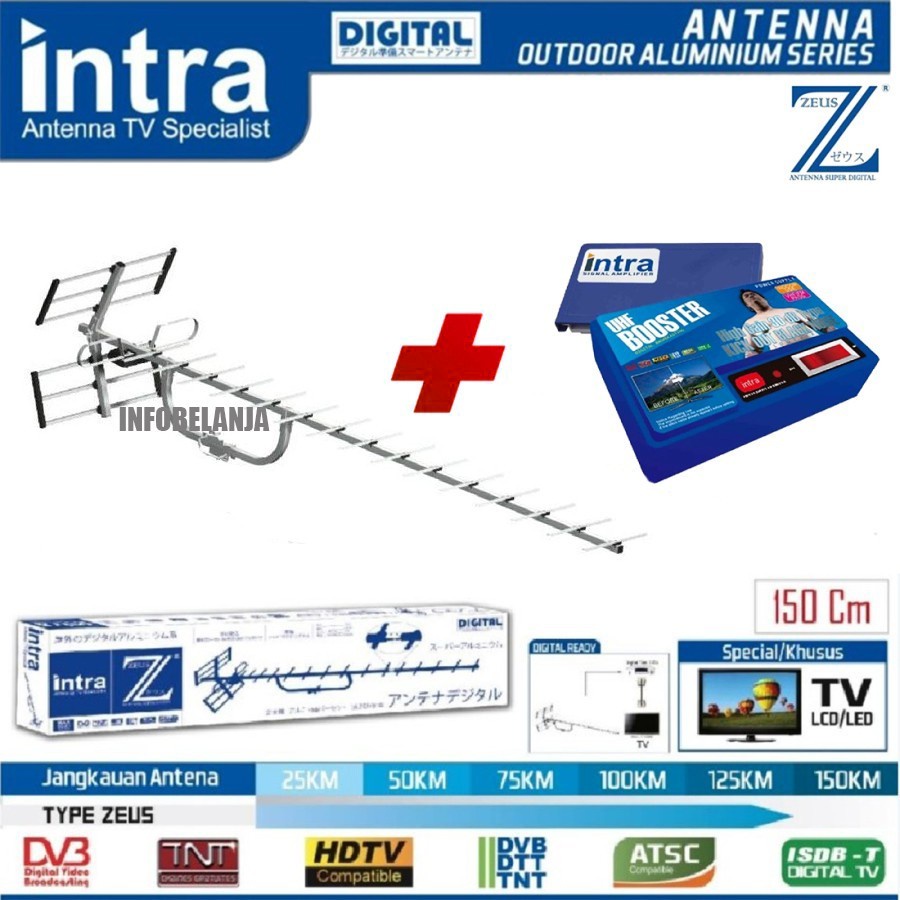 Paket Antena Tv Digital Intra Zeus + Booster INT-909 Luar Dalam Kabel Panjang 13 Meter Original