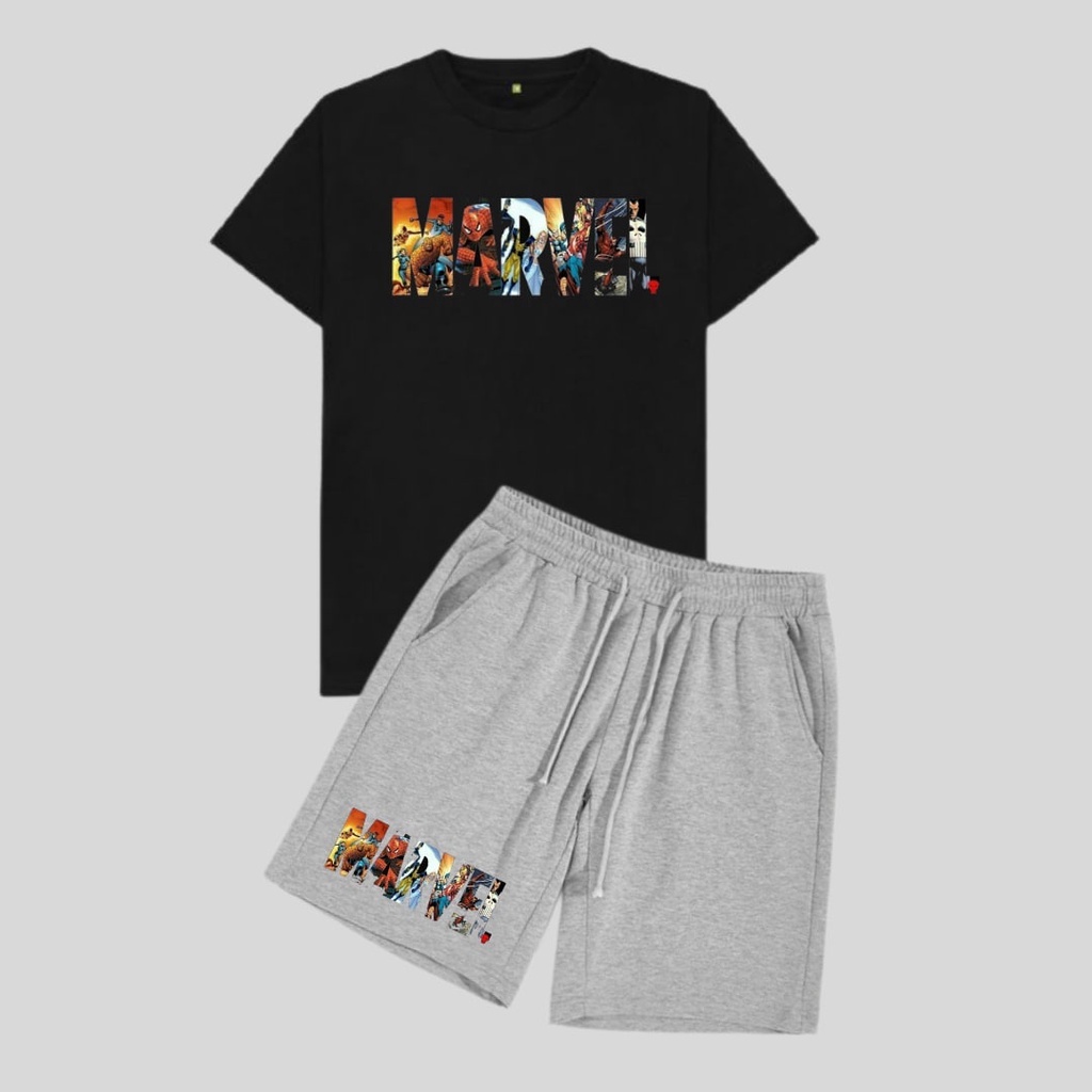 Clothing May - 1 Set Kaos Boxer Marvel 1 Set One Set Oneset Satu Pasang Satu Setel Fashion Sepasang Kaos Koas Set Boxer Distro Kekinin T Shirt Tshirt T-Shirt Premium Murah Unisex Sablon Dtf Murah Celana Pria Pendek Tali Kolor Bokser