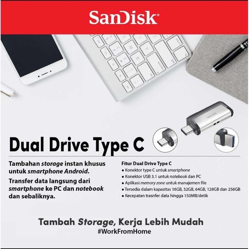 OTG SanDisk Ultra Dual Drive OTG USB Type-C USB 3.1 Up To 150MBps - SDDDC2 TYPE C ANDROID SMARTPHONE 16GB 32GB 64GB 128GB 256GB 512GB