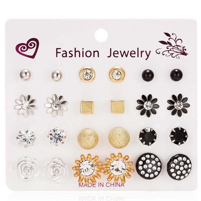 ⭐COD 12 Pasang Anting Set Tusuk Model Mutiara Intan Bentuk Bulat Gaya Korea Untuk Wanita Dalika-C