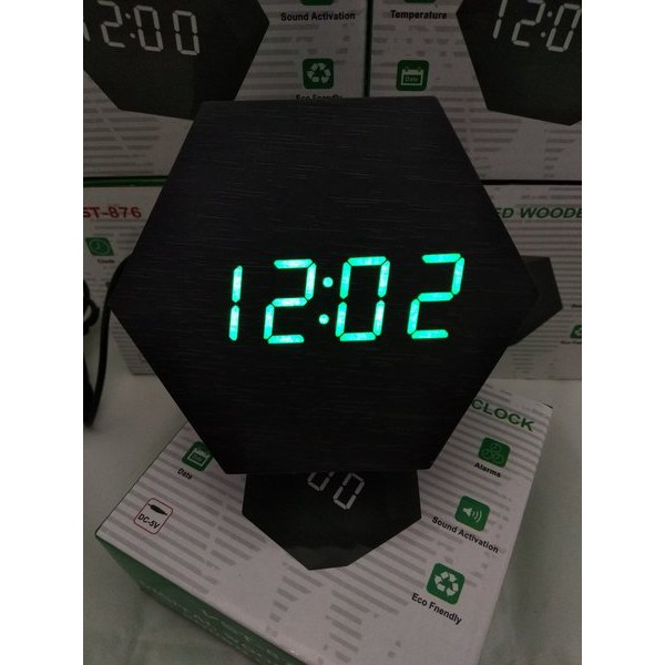 Jam Meja Digital Led Weker Digital Wood Alarm Clock 876 black green