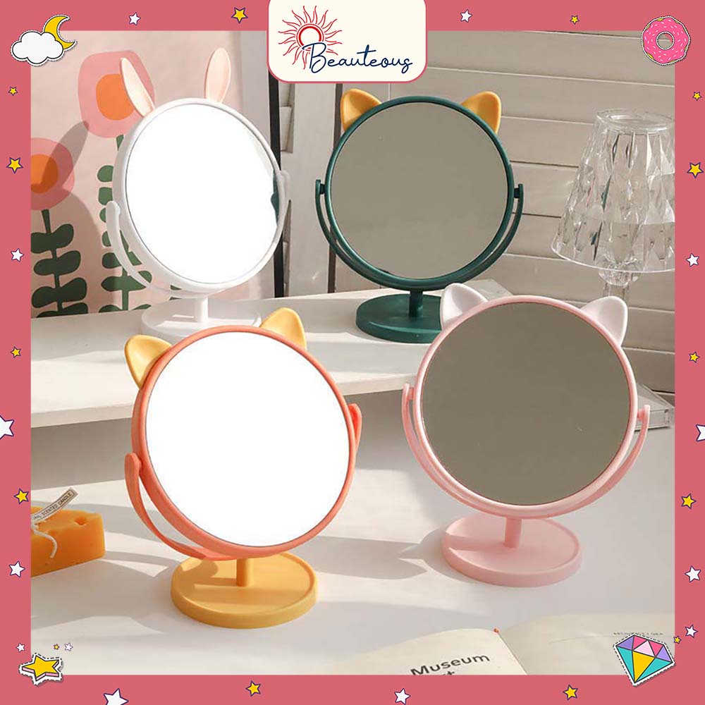 Cermin Kaca Meja Rias Bulat Motif Telinga Kucing Kelinci Cermin Meja Make Up
