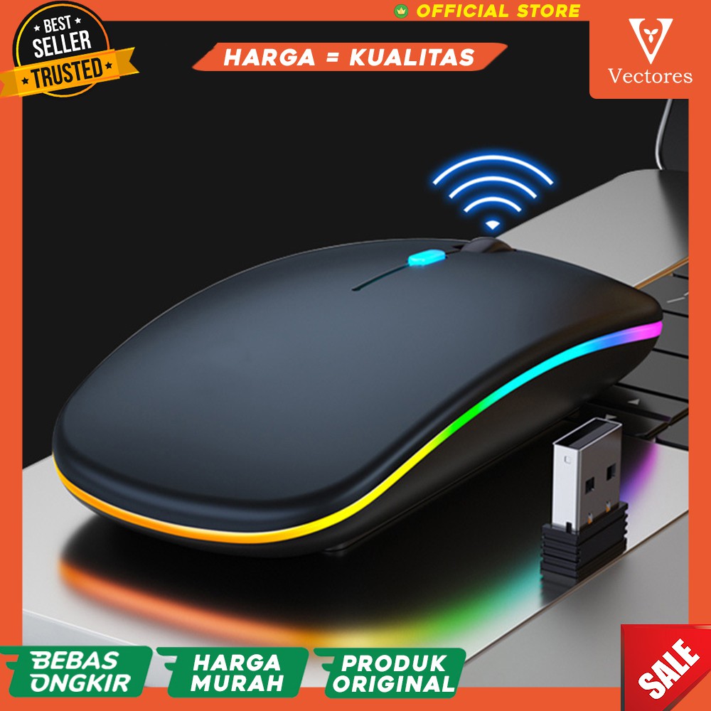 Original Mouse Wireless RGB Colorful Batrai Isi Ulang Silent Click