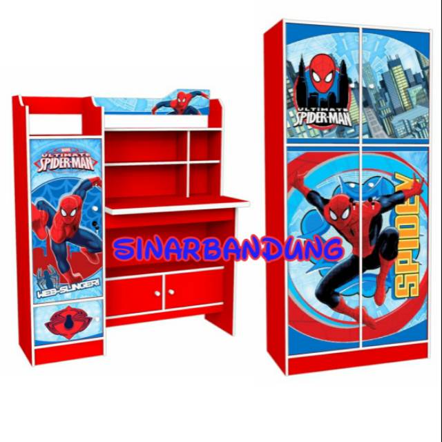 KAMAR SET ANAK MEJA BELAJAR + LEMARI PAKAIAN ANAK KARAKTER SPIDERMAN SUPERMAN BATMAN