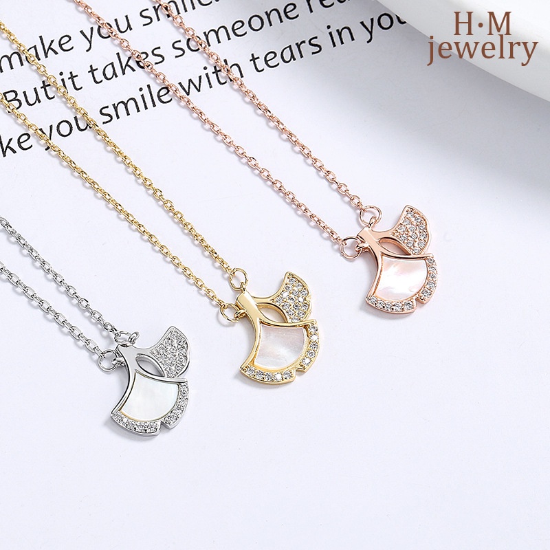 Kalung Rantai Klavikula S925 Silver Bentuk Daun Ginkgo Kipas Kecil Warna Pink