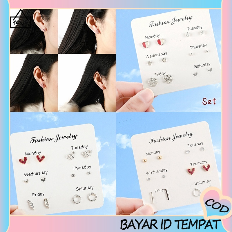 COD❤6 Pasang anting murah Tusuk Model Mutiara Intan Bentuk Bulat Gaya Korea Untuk fashion Wanita A one