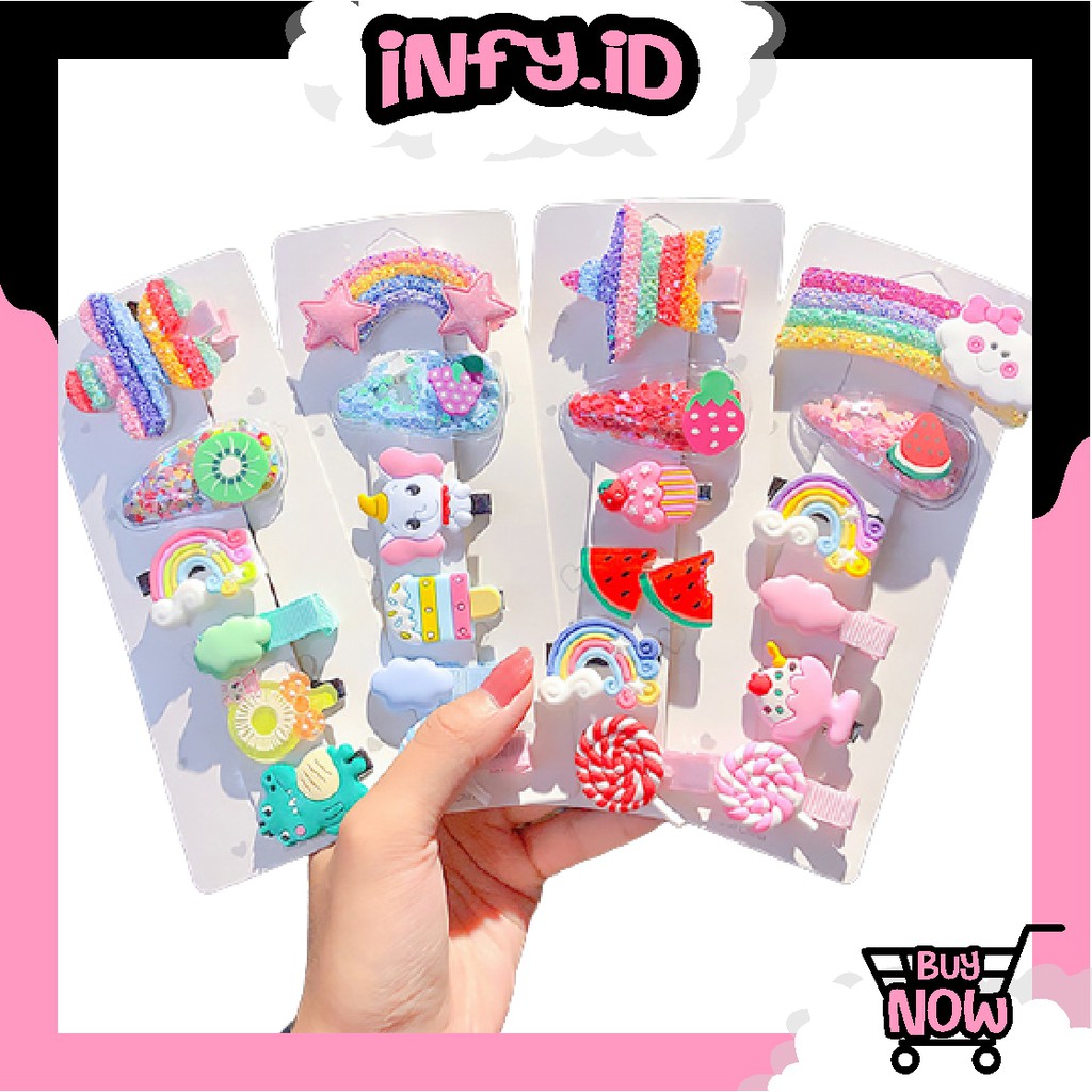 INFY - Jepit Rambut Anak Perempuan Lucu 10 in 1 Jepitan Rambut Fashion Karakter Jepitan Hair Pin Gaya Korea Kids Unicorn Ice Cream Import Murah R304