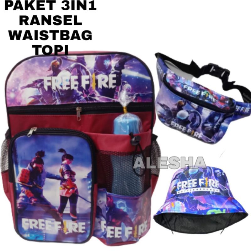 Tas Ransel Fashion Sekolah Anak Laki Laki TK SD Free fire/gratis topi BUCKET