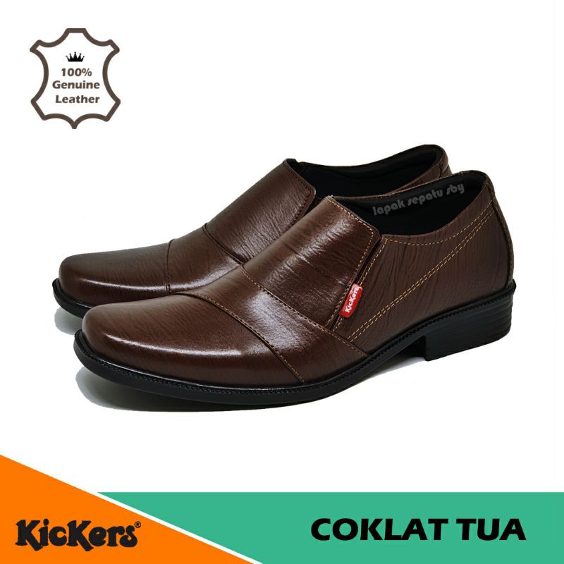 Sepatu Pantofel Kulit Sapi Asli Kickers Formal Kerja Kantor Pria Hitam Coklat Tua VL JBL-JBL 35 - COKLATUA