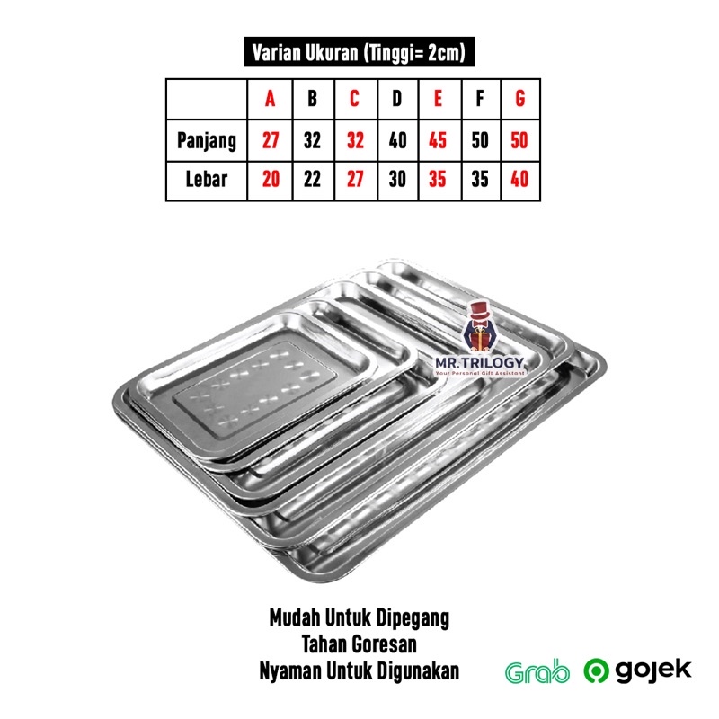 Nampan Stainless Persegi 8201 Tinggi 2cm Tray Baki Dapur Anti Karat loyang ceper tempat saji