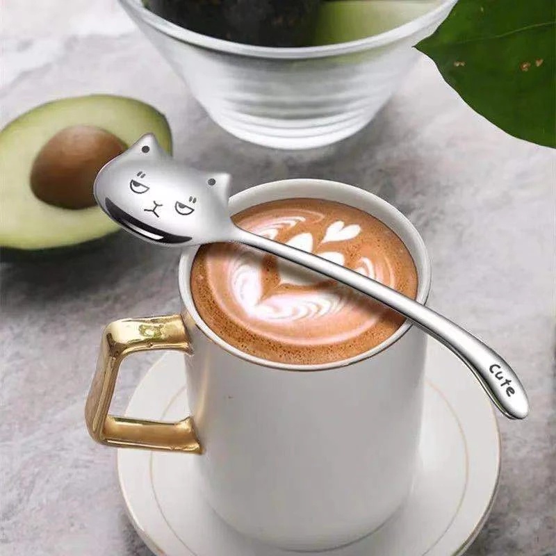 1 Pc Cute Long Tail Cat Coffee Spoon/ Stainless Steel Cat Shape Meal Spoon/ Creative Kitchen Bar Tableware Accessories