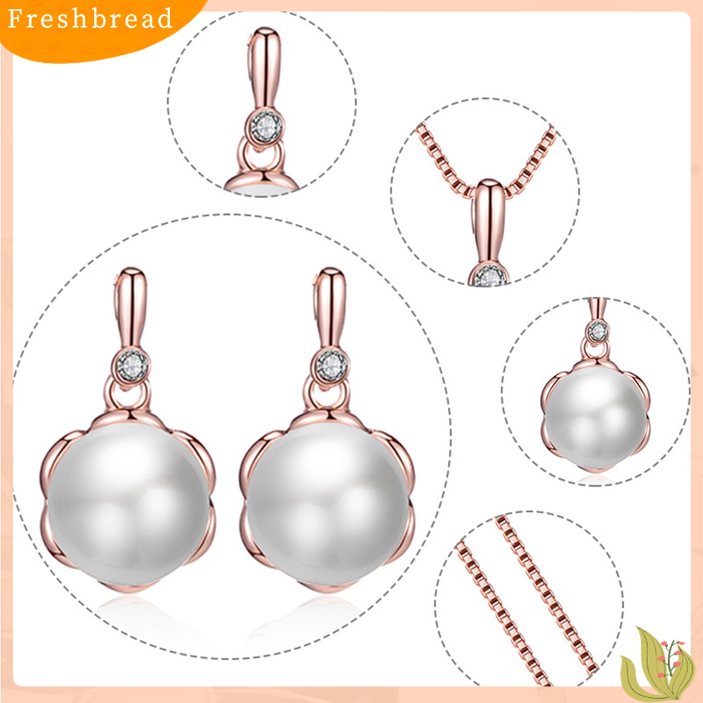 Terlaris Ladies Round Faux Pearl Rhinestone Inlaid Pendant Necklace Earrings Jewelry Set