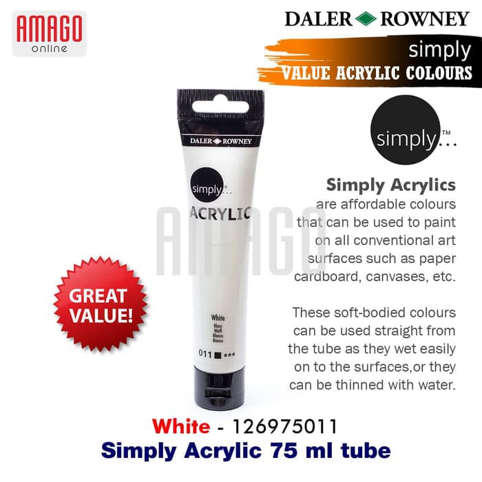 DALER-ROWNEY - SIMPLY ACRYLIC PAINT 75 ML TUBE - WHITE - 126975011