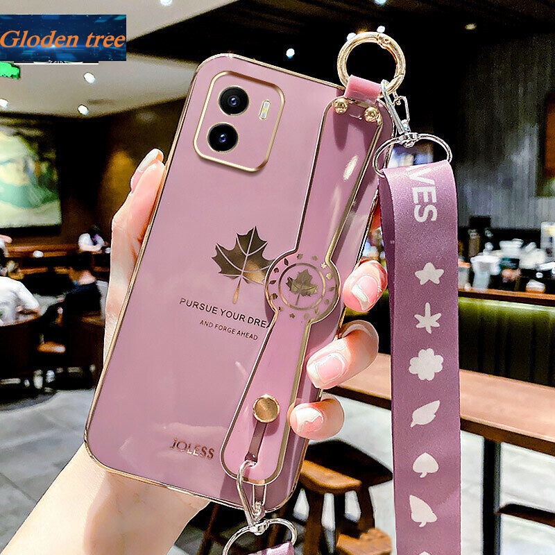 Case Motif Daun Maple Dengan lanyard Untuk Vivo Y15S Y15A