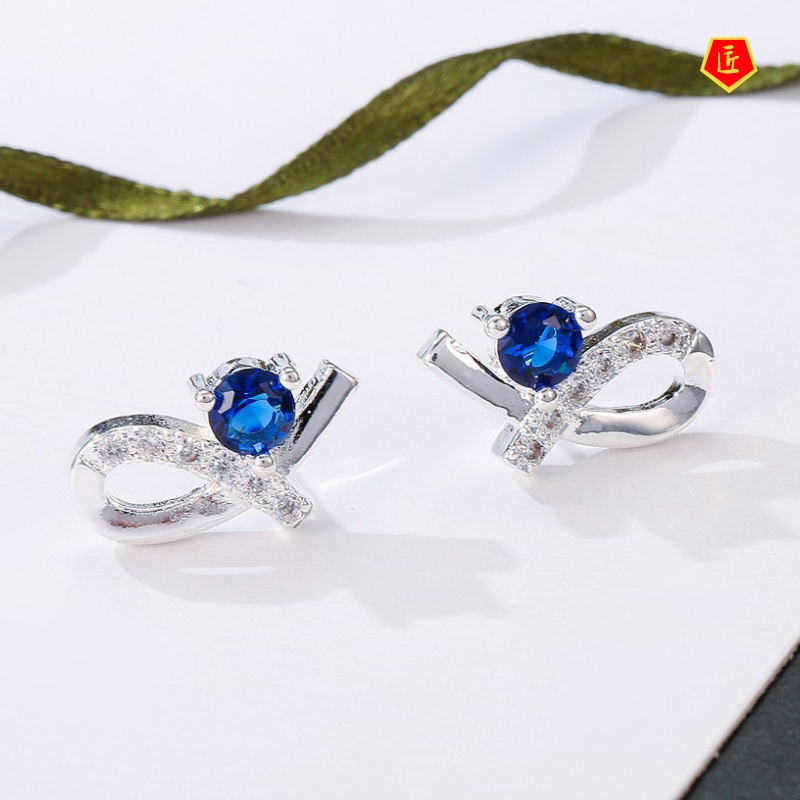 [Ready Stock]925 Silver Fashion Bow Diamond Sapphire Stud Earrings