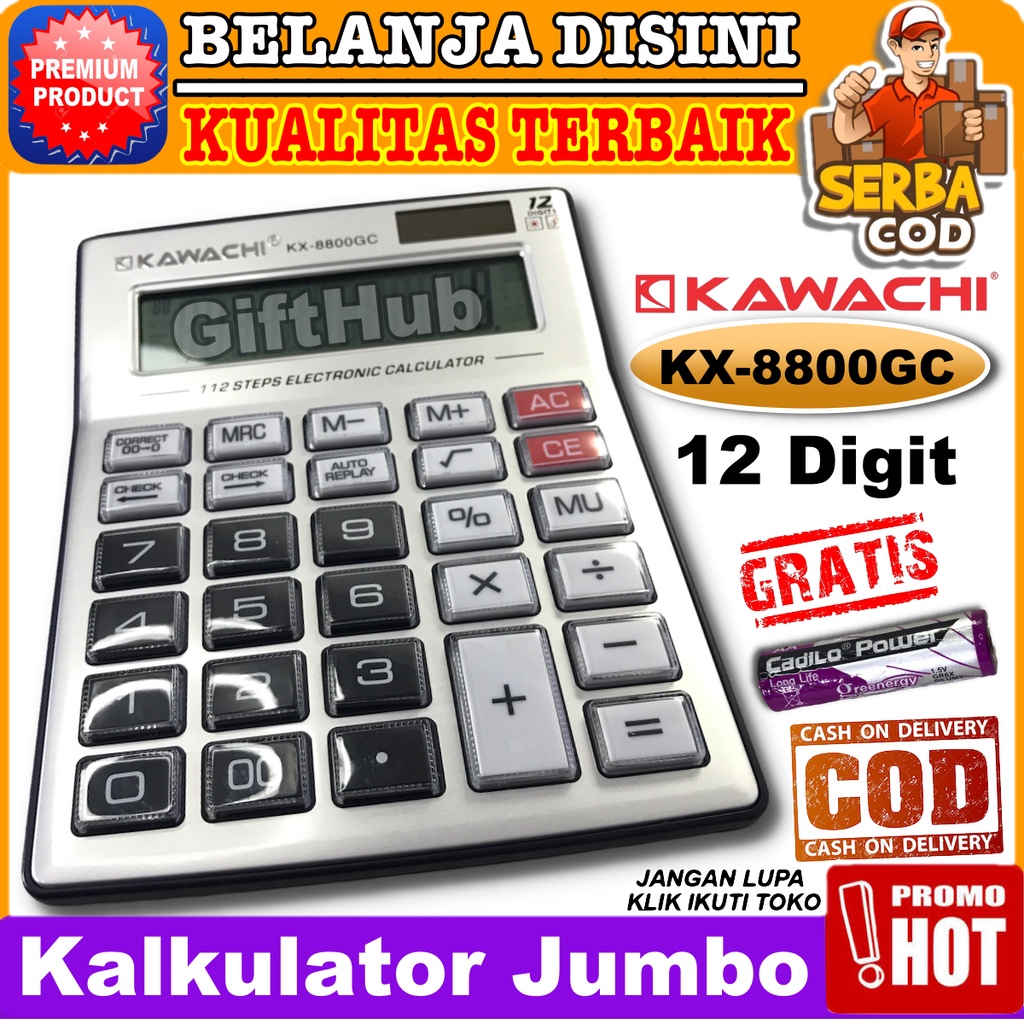 

Kawachi Kalkulator Jumbo Calculator KX 8800GC 12 Digit Solar + Battery Dengan Proteksi Tombol