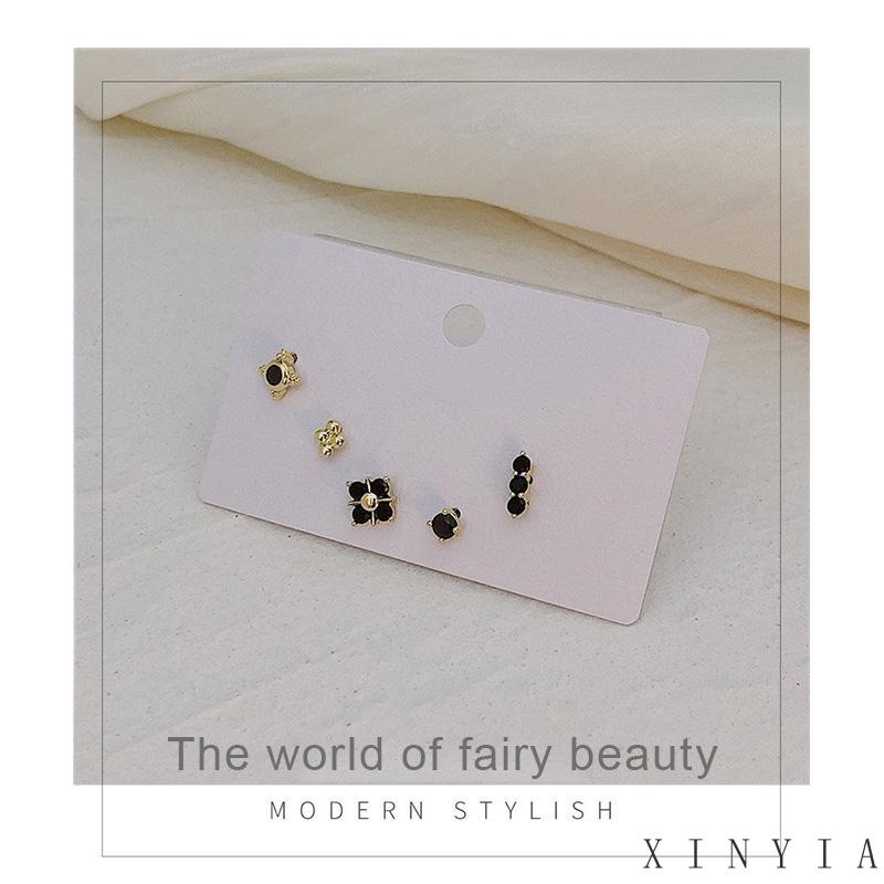 5buah/set Anting Hitam Anting Tusuk Korea Anting Tusuk Aksesoris Wanita Anting Wanita Anting Bunga Korea Hypoallergenic Untuk Wanita