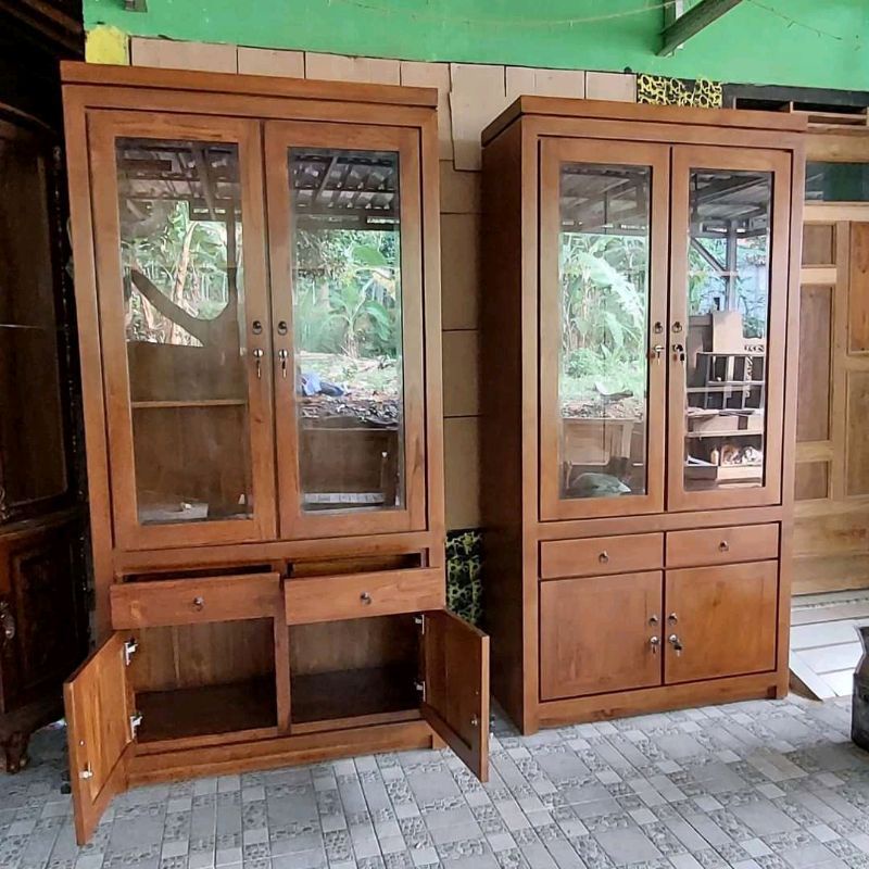 Almari buku minimalis kayu jati pintu 2 / almari pajangan kayu jati