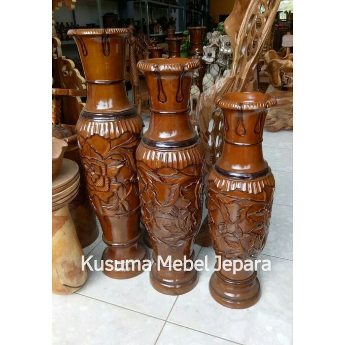 Set Vas Guci Motif Daun Kayu Jati Solid (3 Buah Guci)