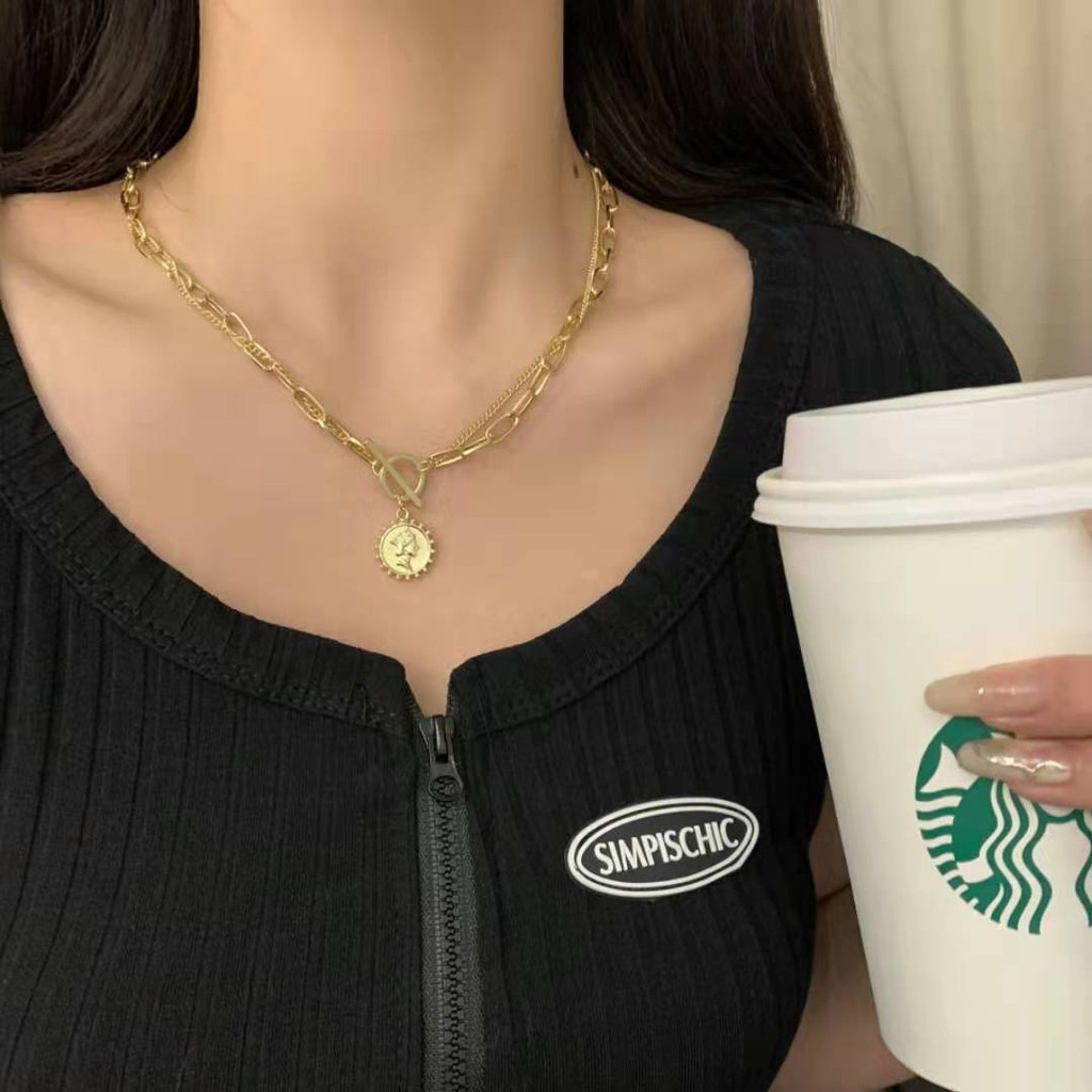 Kalung Choker Wanita Logam Ganda Liontin Koin Ratu Cantik Aksesoris Fashion Korea Dalika