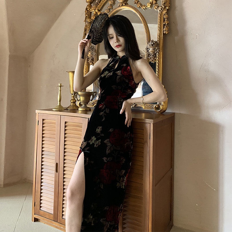 Ancient improved Chinese style young temperament long velvet printed cheongsam dress women 2022