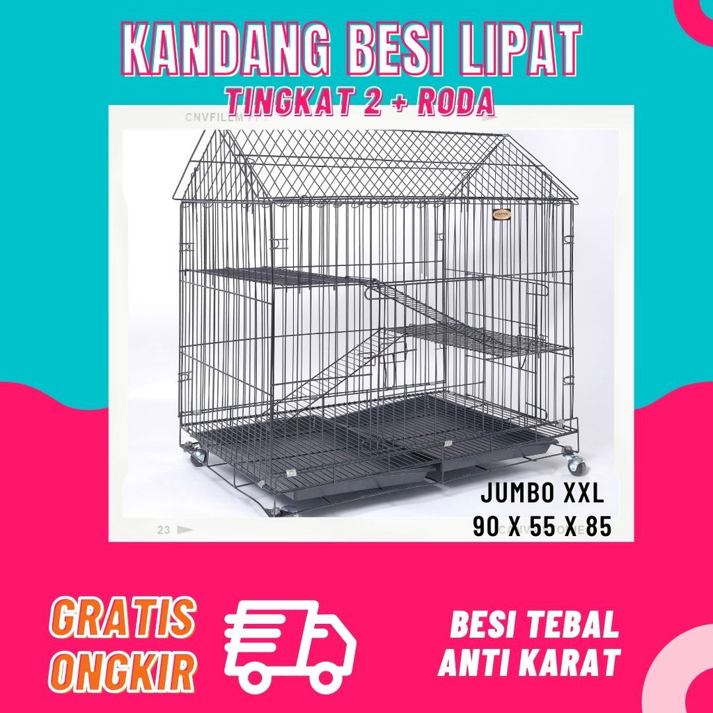 Kandang Kucing Tingkat 2 Jumbo Size XXL Ukuran 90x55x85 + RODA (bisa untuk 3-4 ekor kucing dewasa)