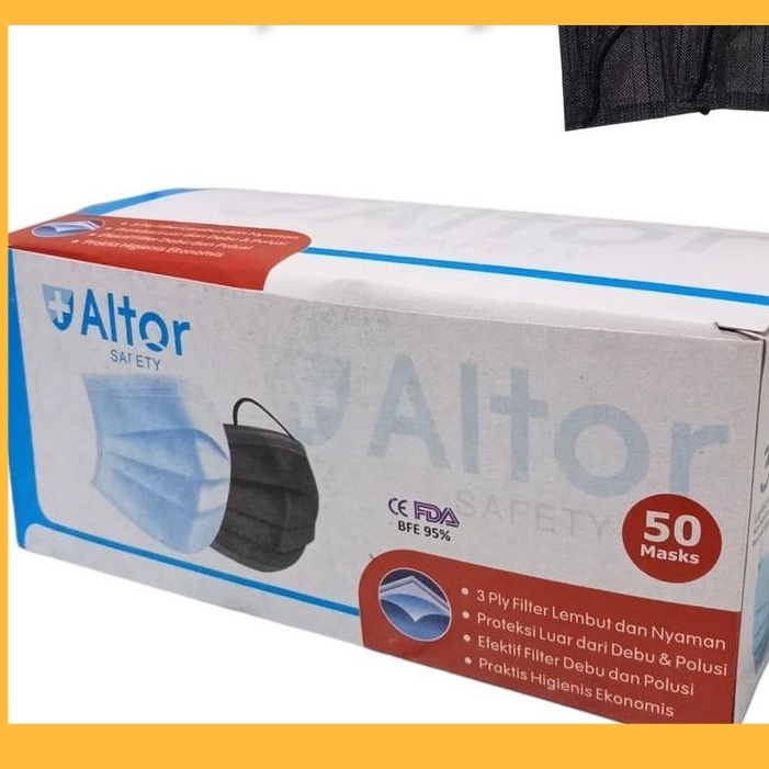 ALTOR Black Mask - Box isi 50 Pcs Masker 3 Ply Hijab HeadLoop  ALTOR Hitam