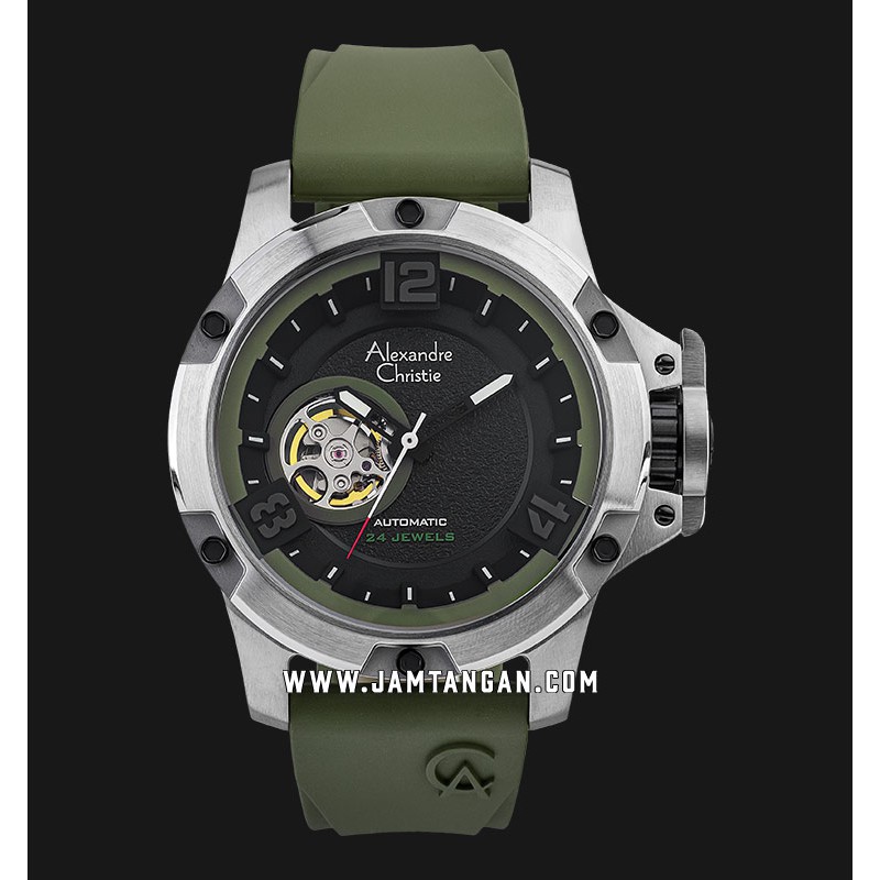 Alexandre Christie AC 6295 MA RSSBAGN Automatic Men Black Dial Green Rubber Strap