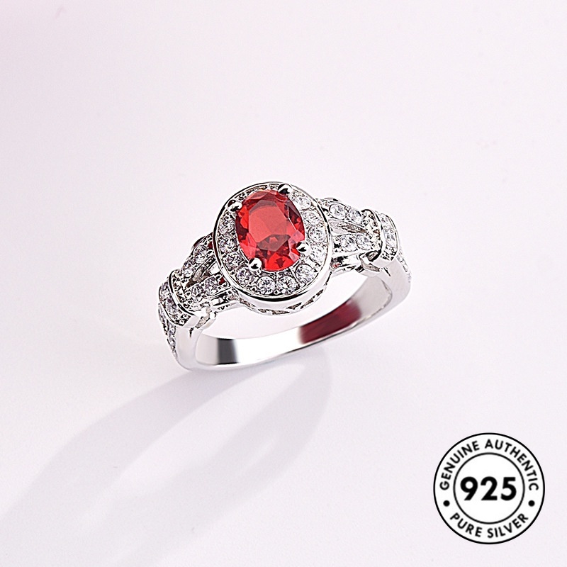 Cincin Sterling Silver 925 Dengan Ruby + Berlian Imitasi Untuk Wanita