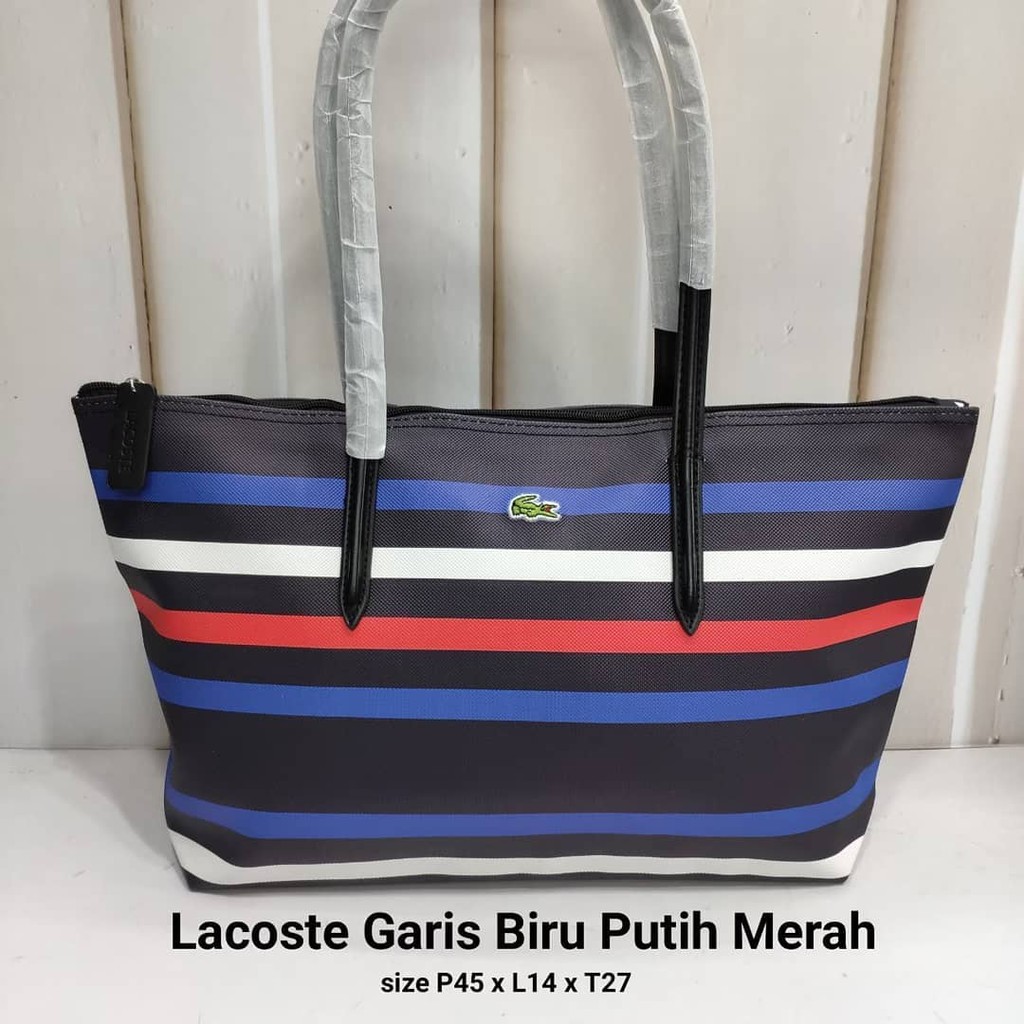 Tas Handbag Tas Tangan Lacoste Garis Putih Biru