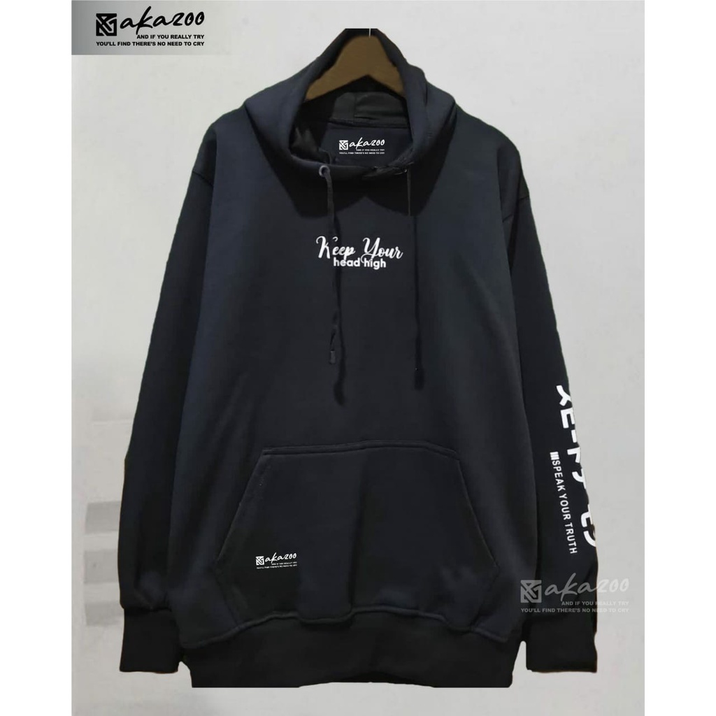 hoodie pria hudie pria distro original akazooofficial warna hitam KEEP YOUR head high gambar tangan sablon putih sweater oversize korean style tebal switer cowok keren terbaru 2021 hoodie oversize pria distro premium unisex M.L.XL akazoo official bandung