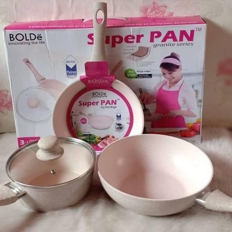 BOLDE SUPER PAN BEIGE GRANITE/Panci Set Bolde 3+1 pcs/Panci Keramik Anti Lengket