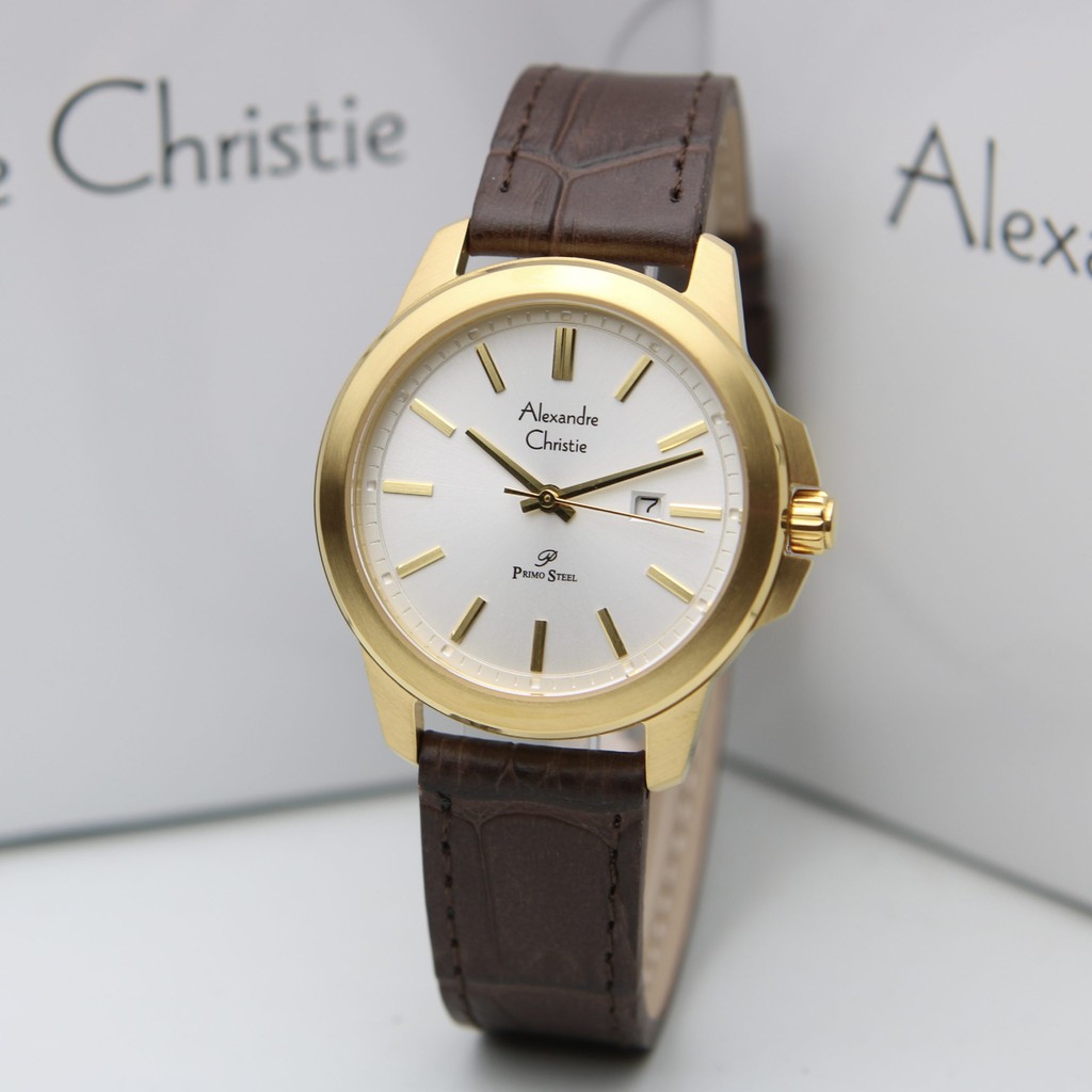 Jam Tangan Wanita Alexandre Christie AC 1017 LDLGPSL Primo Steel Gold Leather Brown Original
