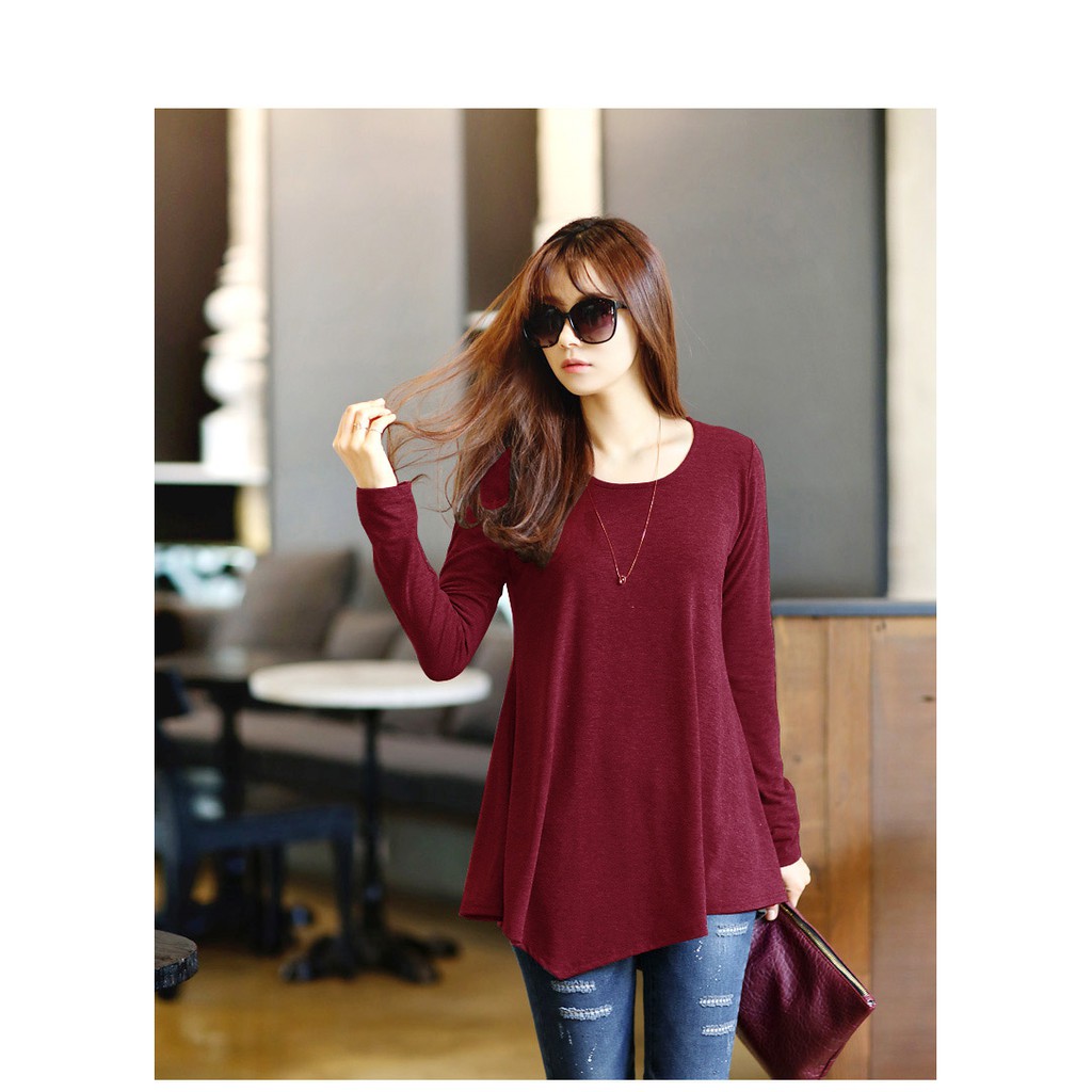 KARAKOREA PinUp Unbalanced Tee Baju Atasan Wanita Lengan panjang-PU BIG/Wine