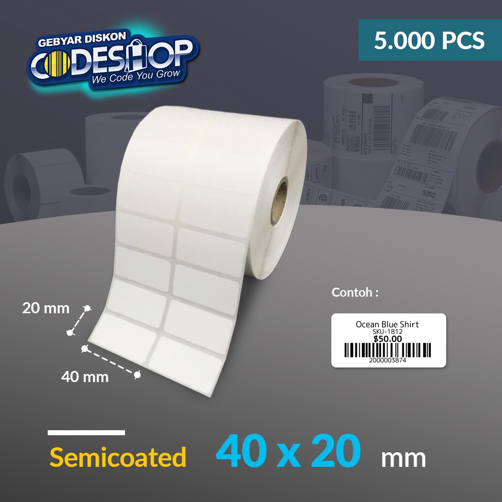 

Codeshop Label Semicoated 40 x 20 mm 2 Line Stiker Printer Barcode Core 1 Inch isi 5000 Pcs